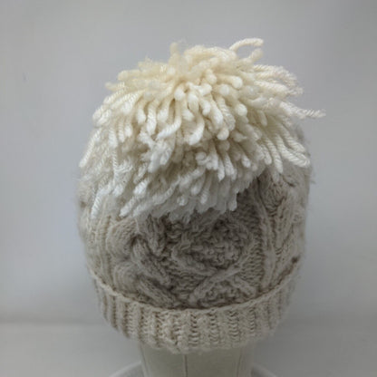 Aran Leather Patch Ribbed Cable Knit Pom Pom Beanie Hat Cream One Size