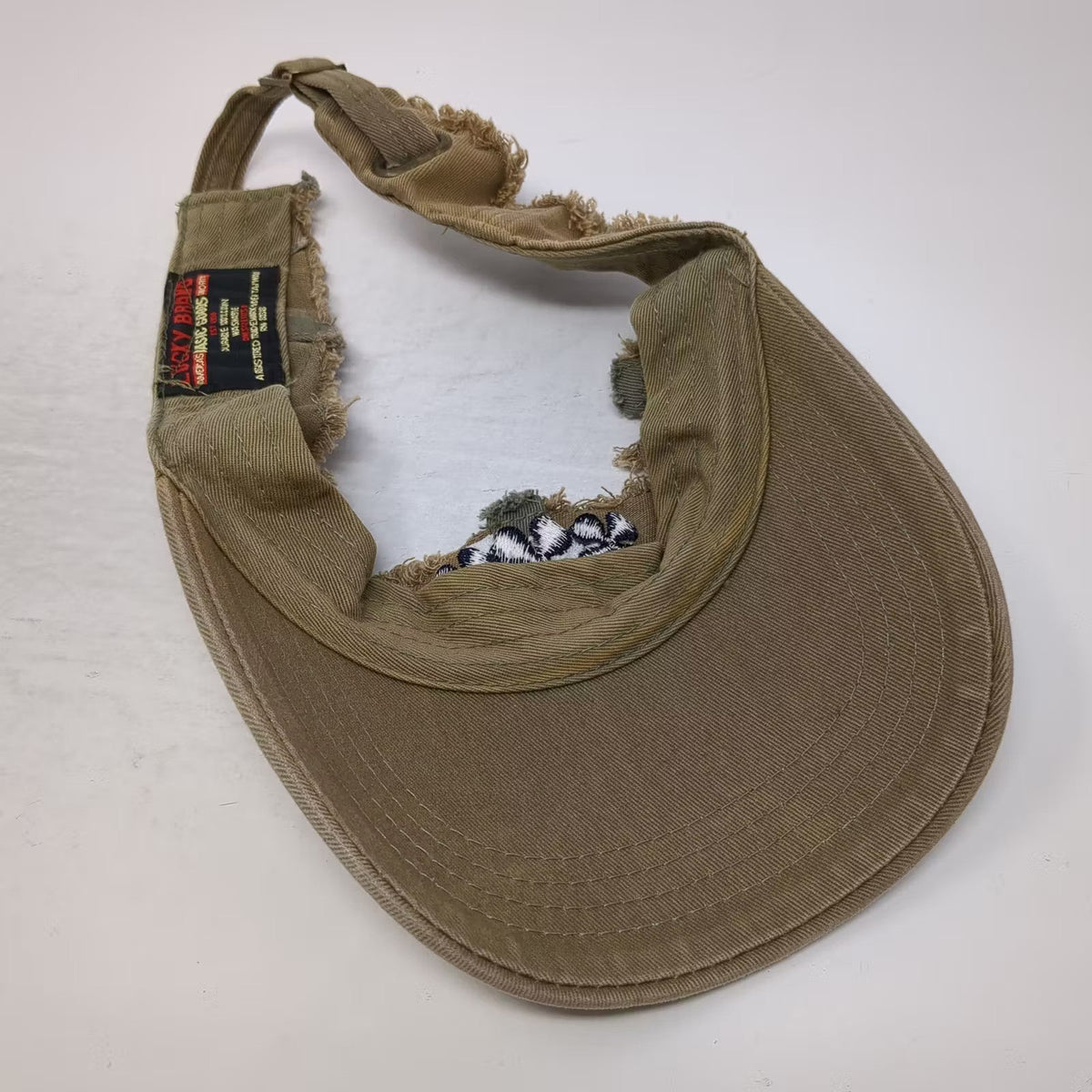 Lucky Brand Visor Hat Brown Blue OS Slideback Distressed Frayed Embroidered