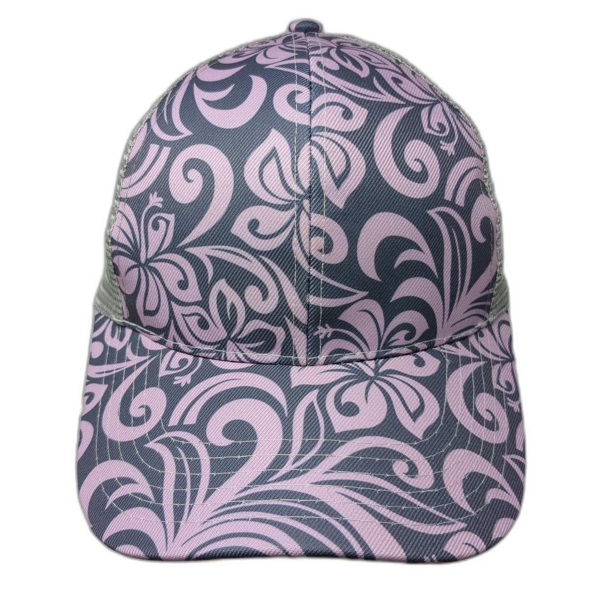 Happy Wahine Trucker Hat Purple Gray One Size Floral Hibiscus Pattern Snapback