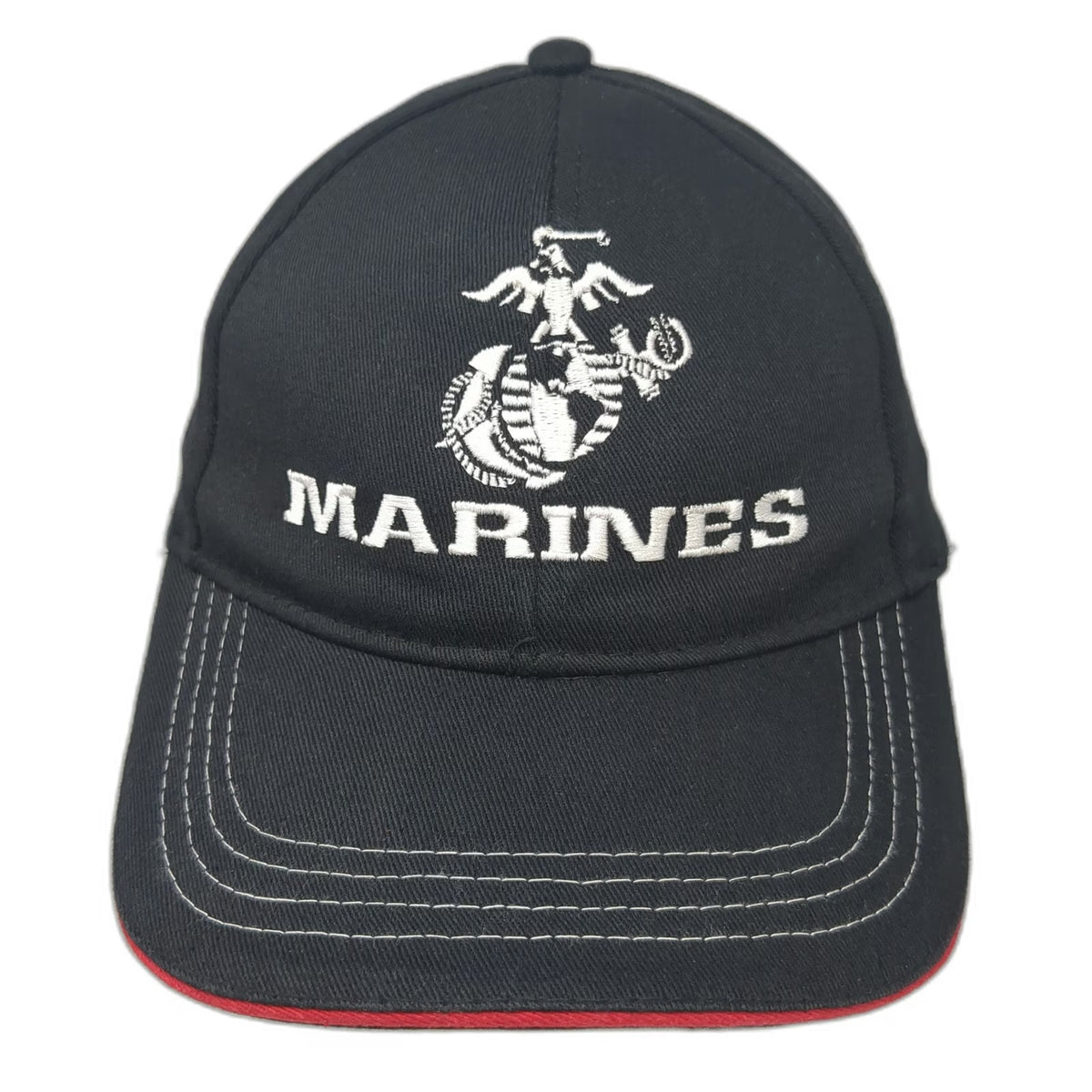 Marines EGA Logo Black Snapback Hat One Size Contrast Stitching Red Trim USA