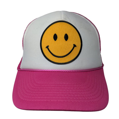 Smiley Emoji Embroidered Snapback Trucker Hat Pink One Size Mesh Back Rope