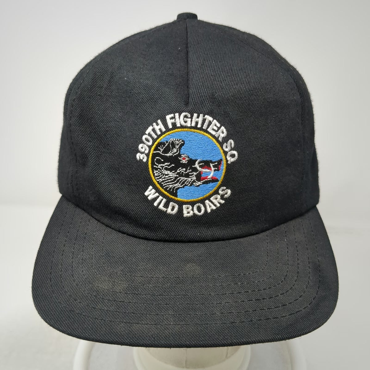 AADCO 5 Panel Hat Black One Size 390th Fighter Sq Wild Boars Military Slideback