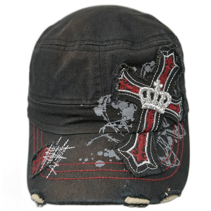 Army Cap Black One Size Cross Crown Rhinestone Distressed Biker Gothic Rock Hat