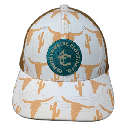 Campin Cowgirl Trucker Hat White Brown One Size Longhorn Cactus Graphic Patch