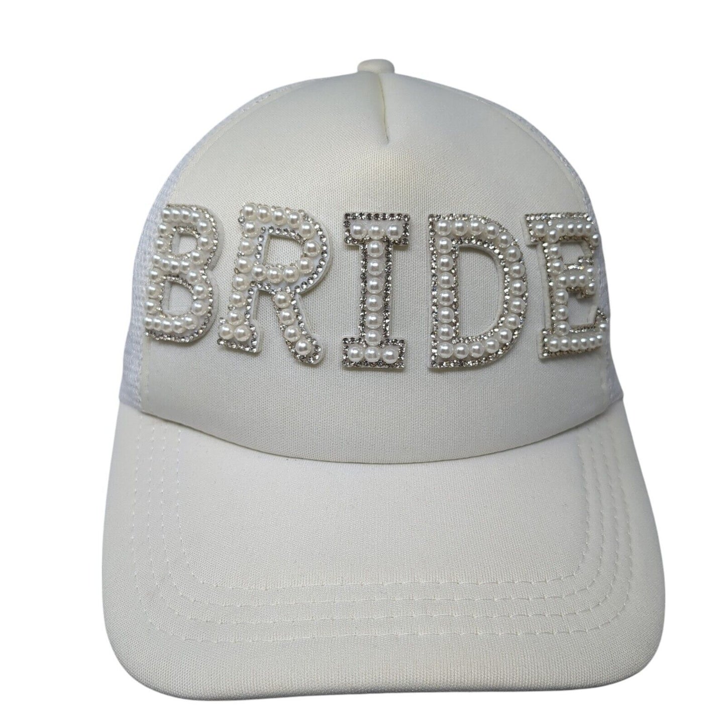 Bride Pearl Bling Snapback Trucker Hat White One Size Mesh Back Solid