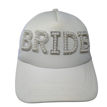 Bride Pearl Bling Snapback Trucker Hat White One Size Mesh Back Solid
