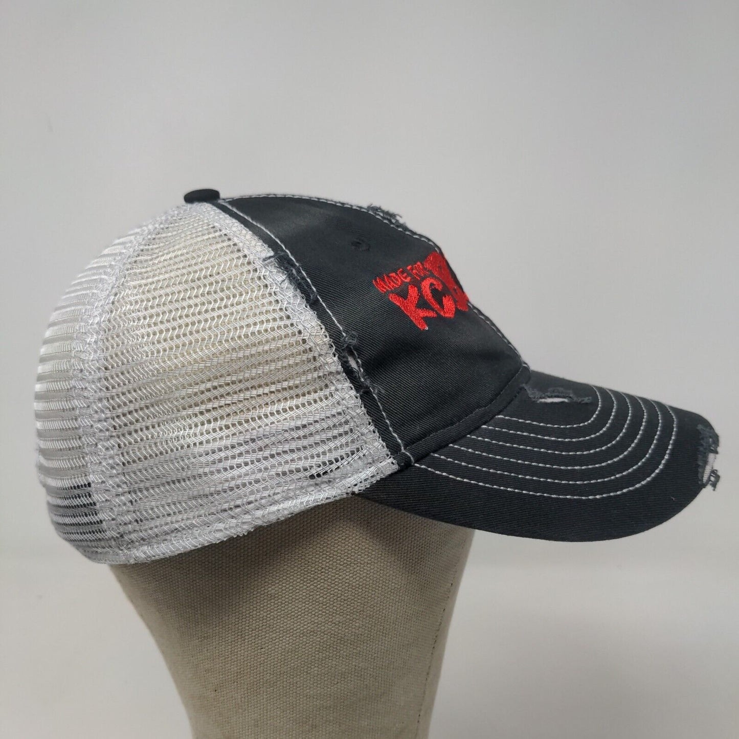 KC BBQ Barbeque Men's Slideback Mesh Back Hat Black White Embroidered Distressed