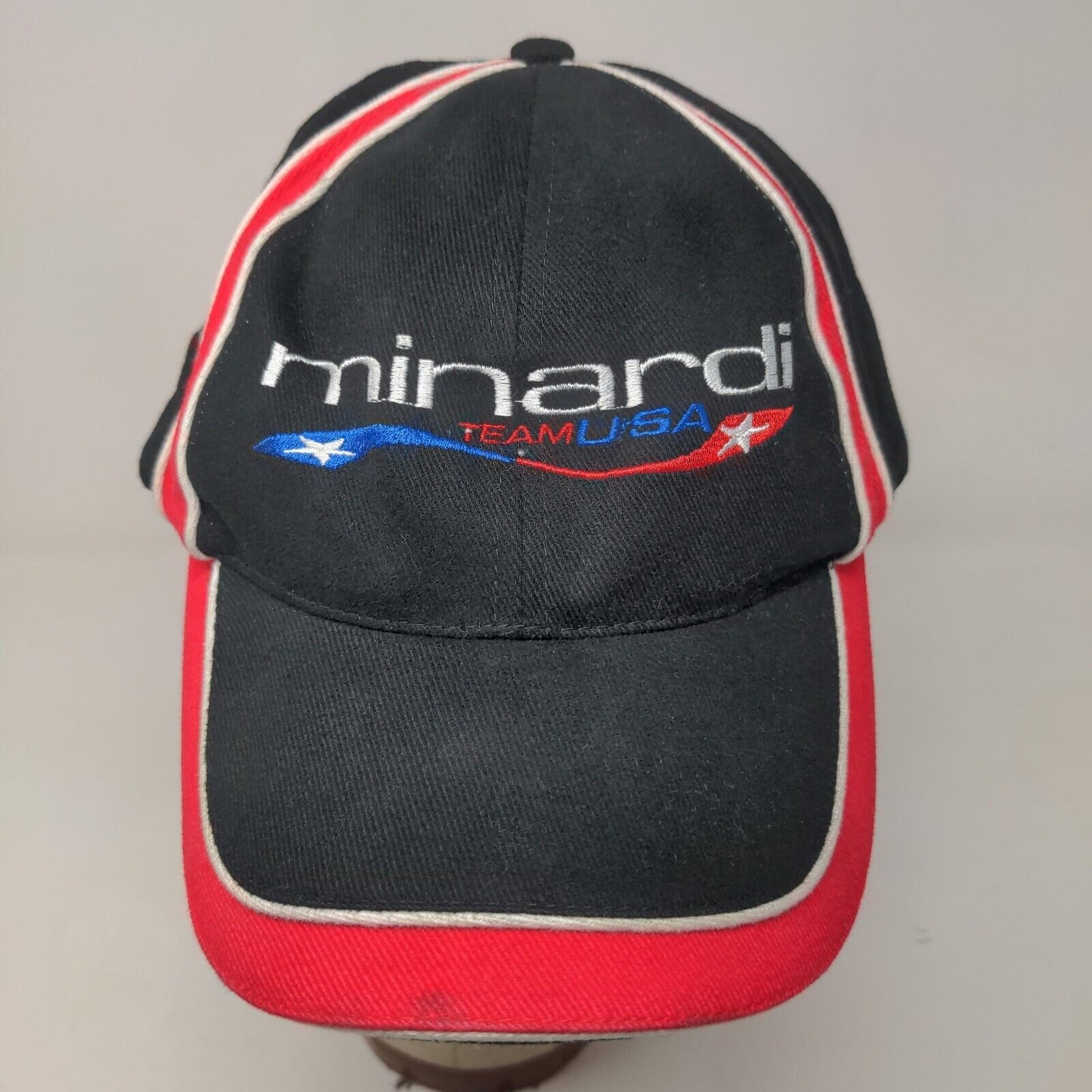 Minardi USA Men's Slideback Hat Black Red OSFA Embroidered Logo Cotton