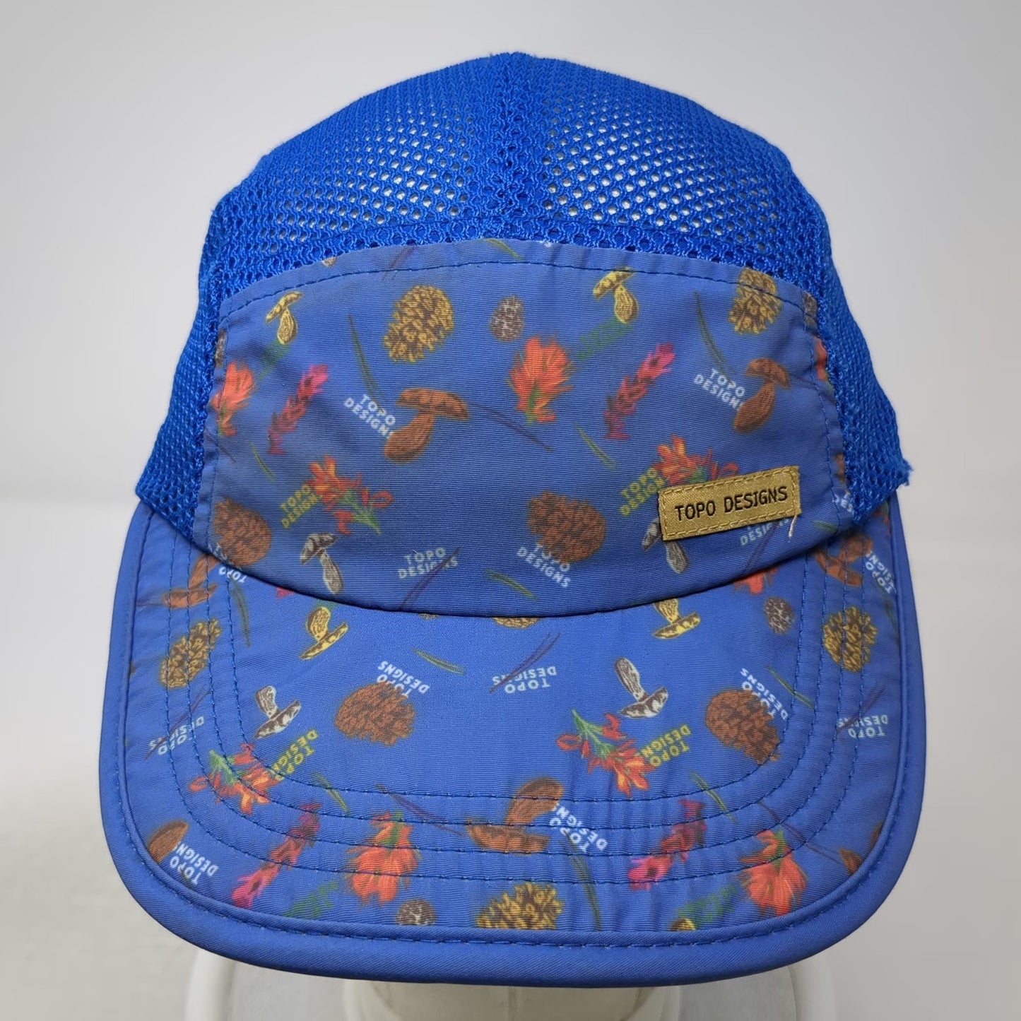Topo Designs 5 Panel Hat Blue One Size Mushroom Pattern Mesh Strapback Pinecone