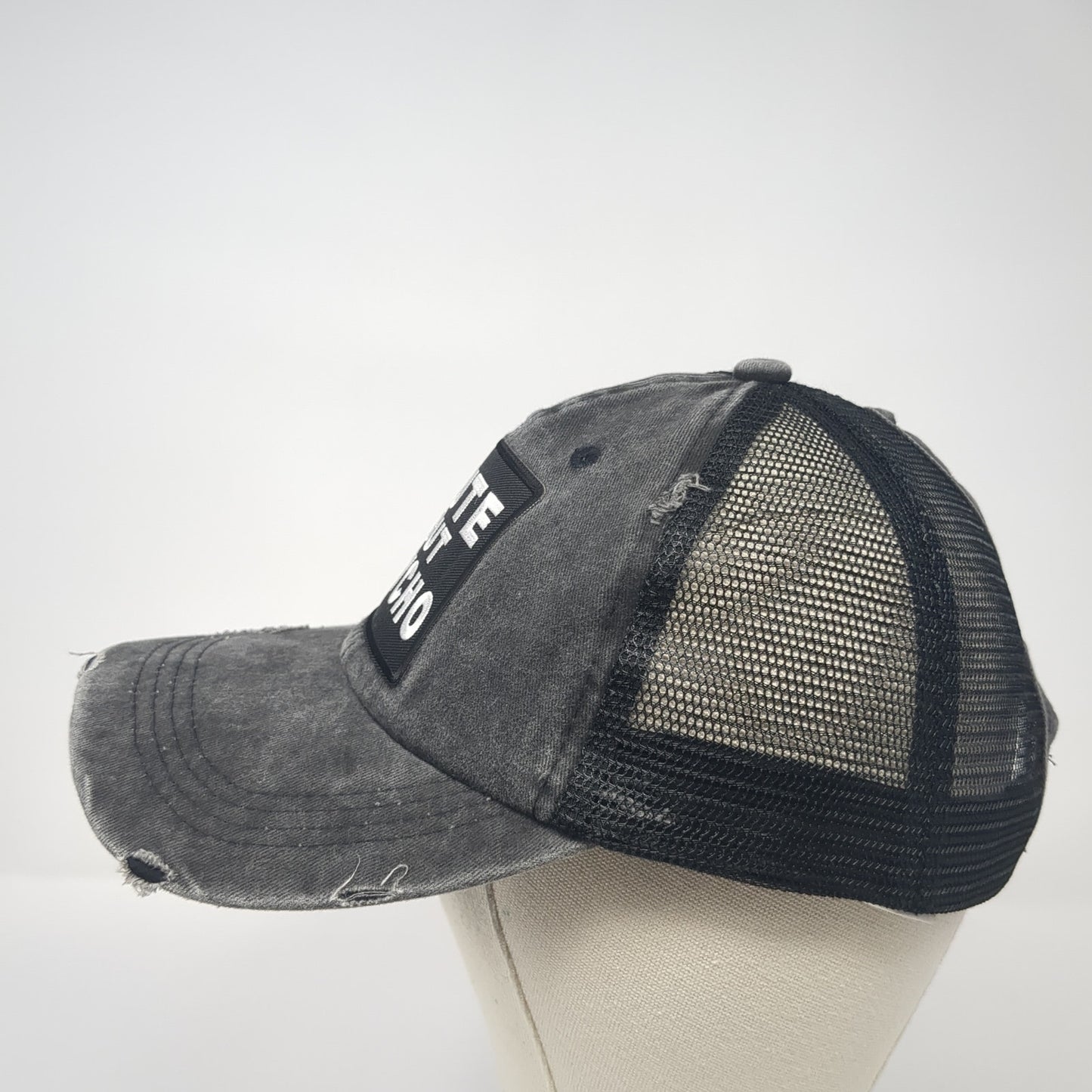 Cute But Pasycho Ponytail Trucker Hat Gray One Size Mesh Back Distressed