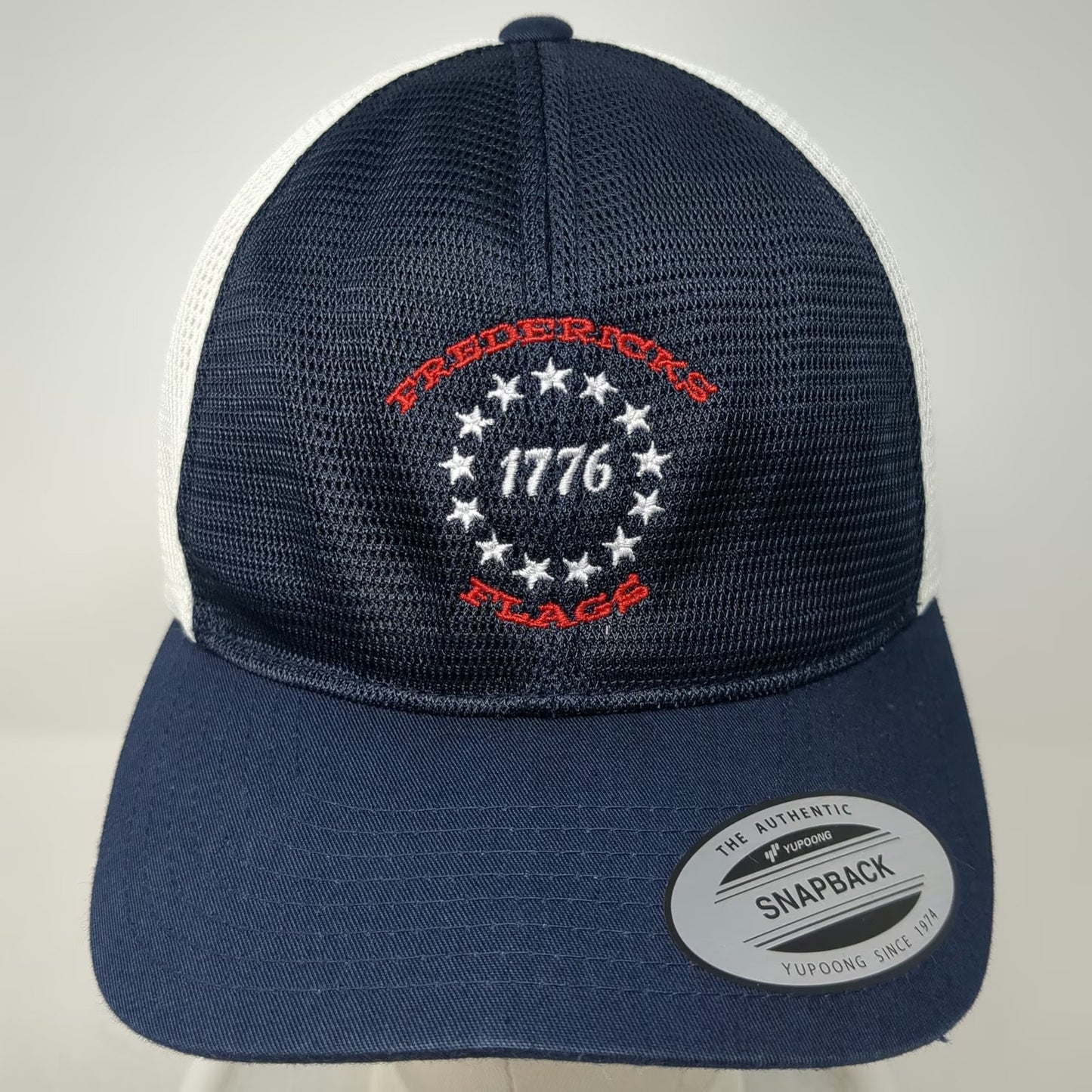 Yupoong Trucker Hat Blue One Size Snapback Mesh 1776 Fredericks Flags USA Theme