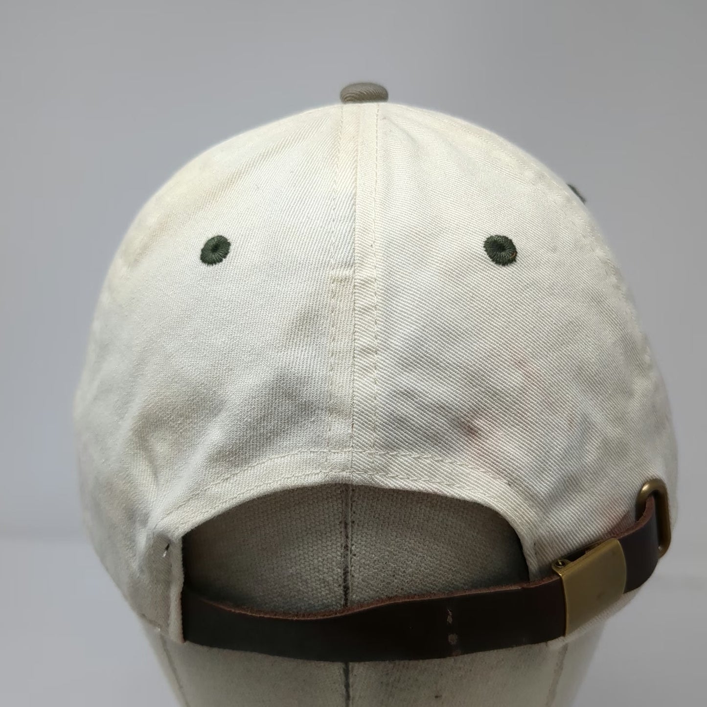 The Shack Board Shop Baseball Cap White One Size Leather Strap Hat Gray Brim
