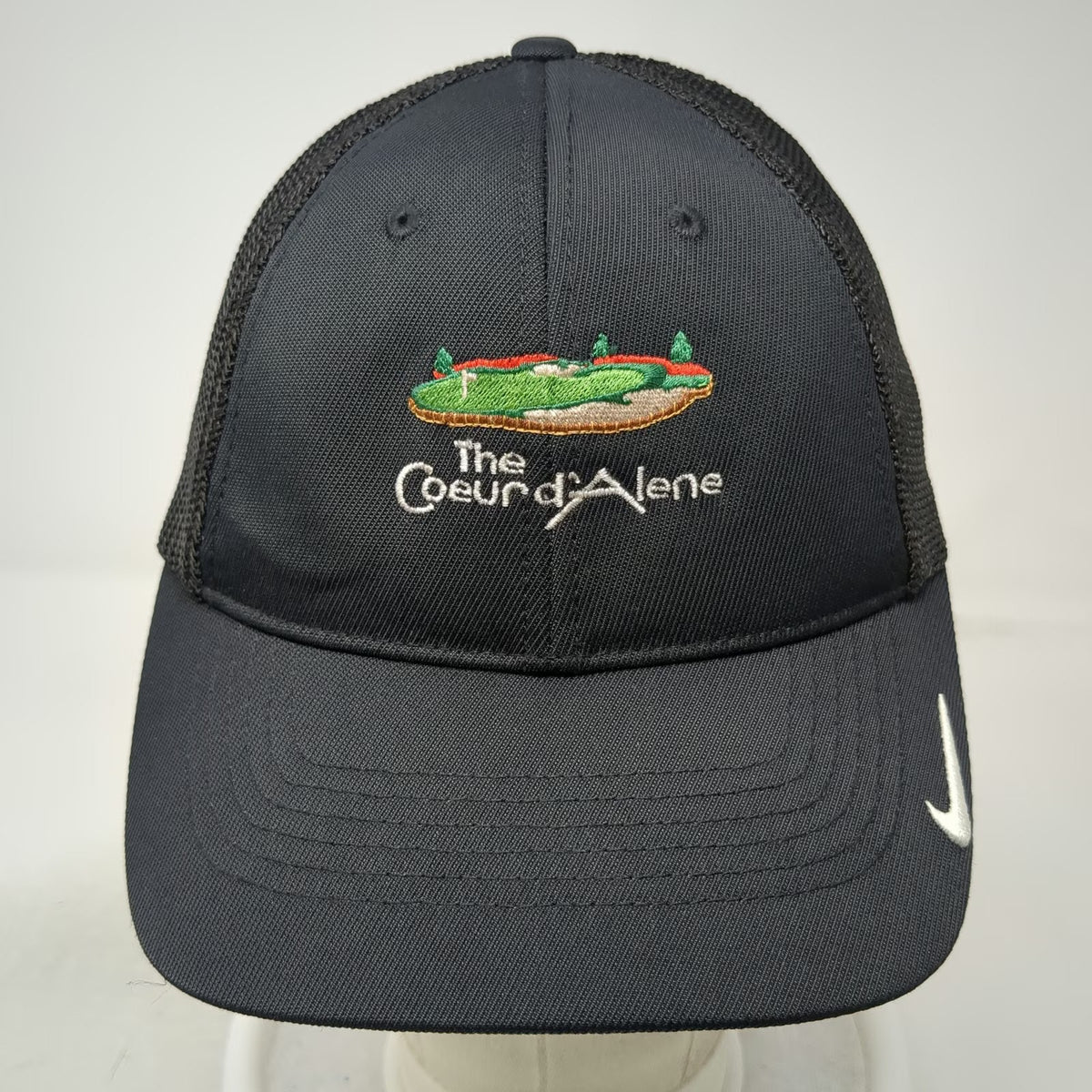 Nike Baseball Cap Black M The Coeur d'Alene Idaho Golf Mesh Flexfit Swoosh Hat