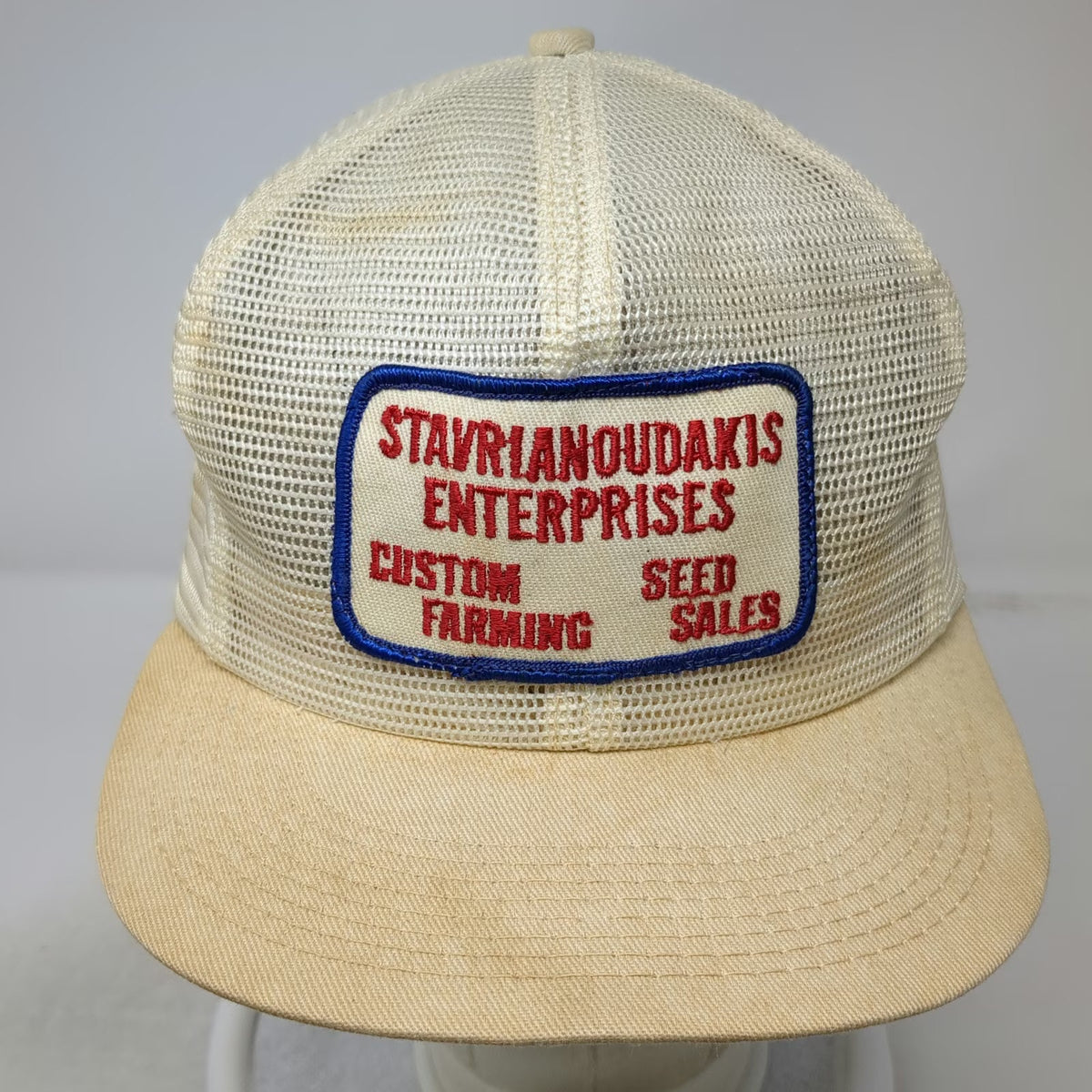 K-Brand Trucker Hat Beige Vintage Stavrianoudakis Enterprises Farming Seed Mesh