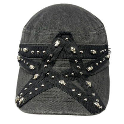 Army Cap Gray One Size Skull Studded Pentagram Silver Metal Charms Slideback Hat