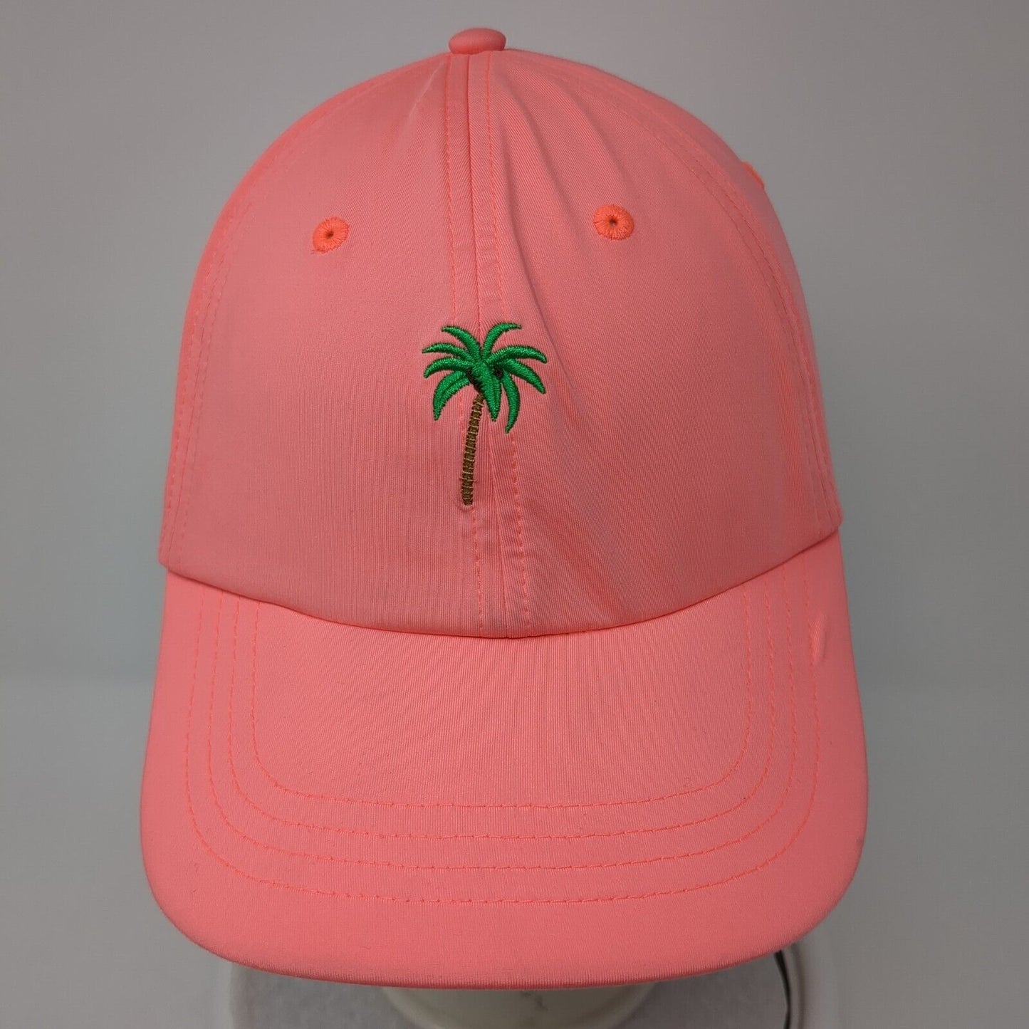 Palm Tree Strapback Hat Pink OS Adjustable Embroidered Vented Holes 6 Panel
