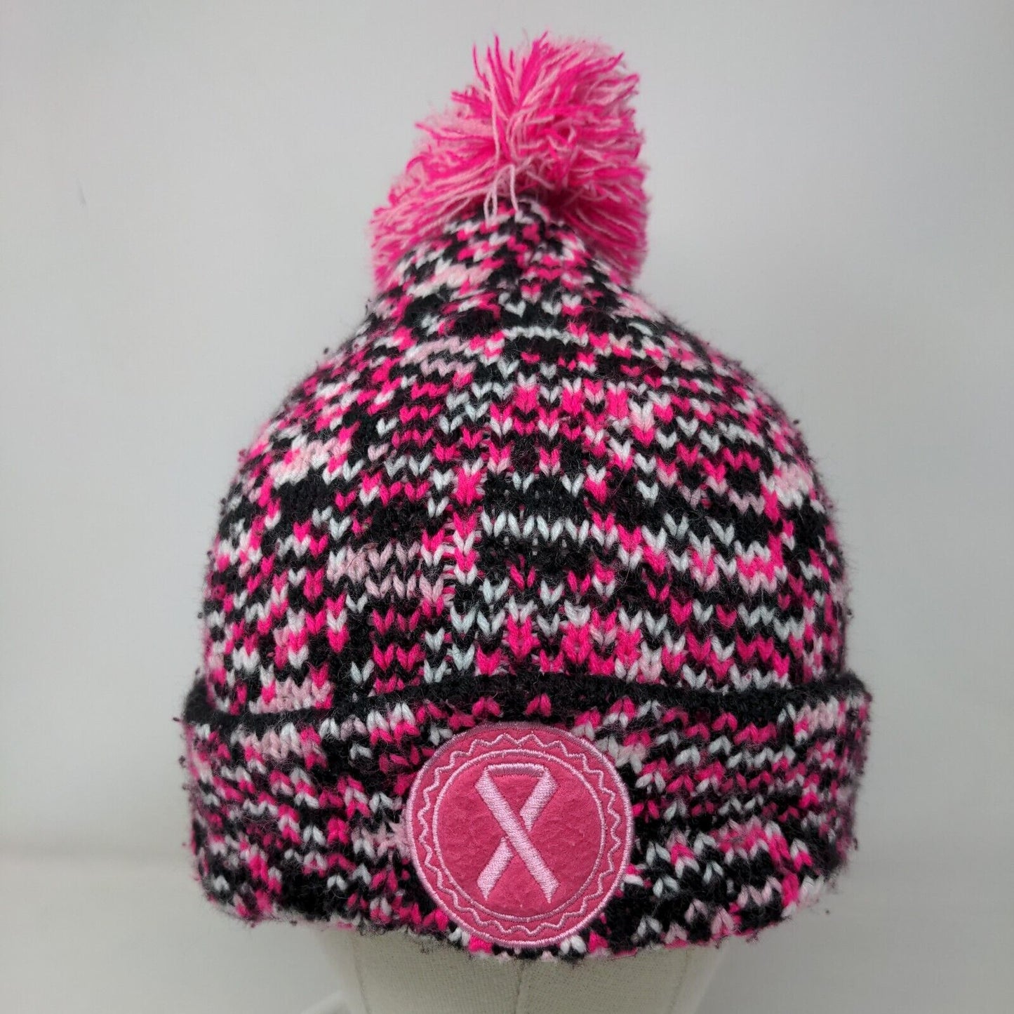 Support The Cure Pink Ribbon Knit Pom Pom Beanie Hat Multicolor OSFM