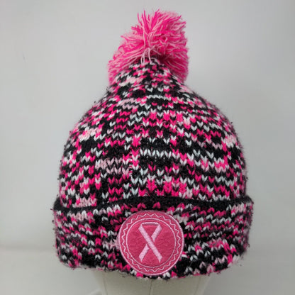 Support The Cure Pink Ribbon Knit Pom Pom Beanie Hat Multicolor OSFM