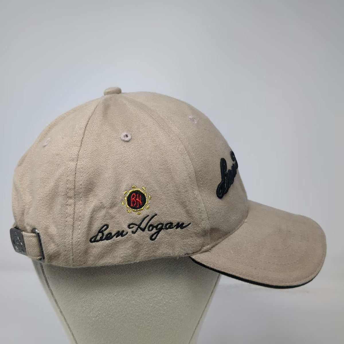 Ben Hogan Baseball Cap Beige Black OSFM Hat Script Embroidery Side Logo Buckle