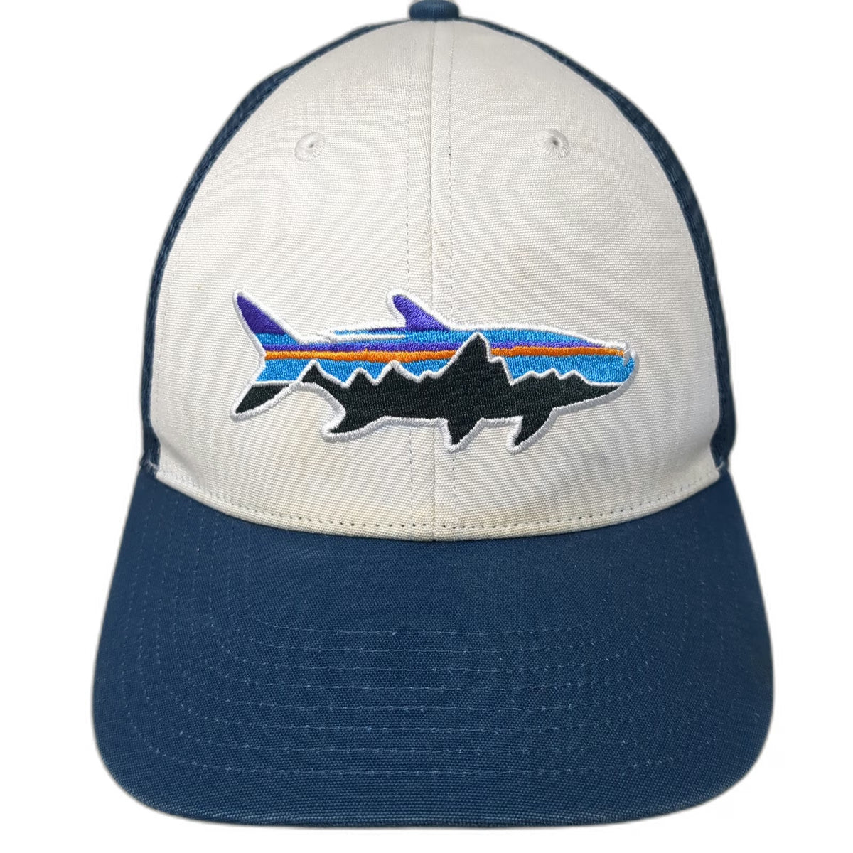 Patagonia Trucker Hat Blue One Size Mesh Back Snapback Fish Mountain Logo Hiking