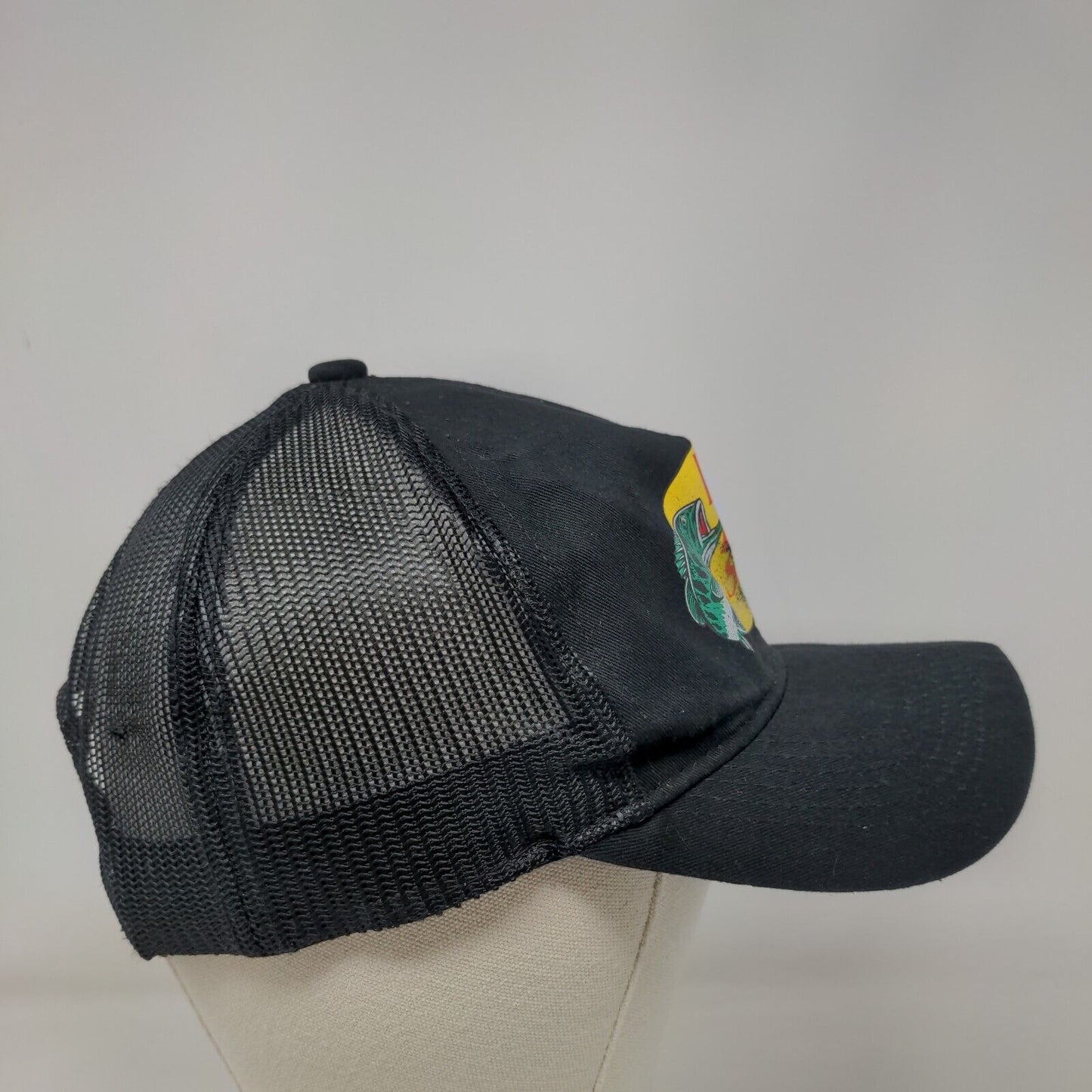 Bass Pro Shops Snapback Trucker Hat Black OSFM Gone Fishing 6 Panel Mesh Back