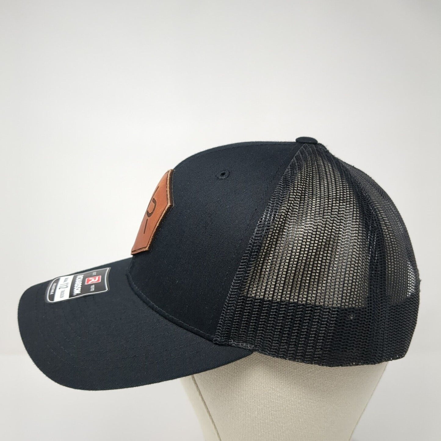 Richardson Snapback Mesh Back Trucker Hat Black One Size Leather Patch