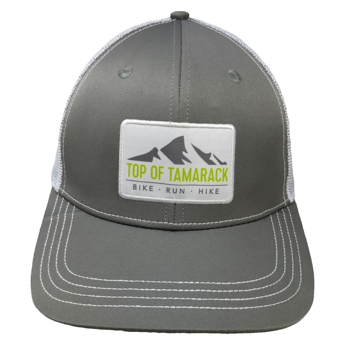Mentally Strong Gray Trucker Hat OSFM Top of Tamarack Mountain Patch Mesh Back