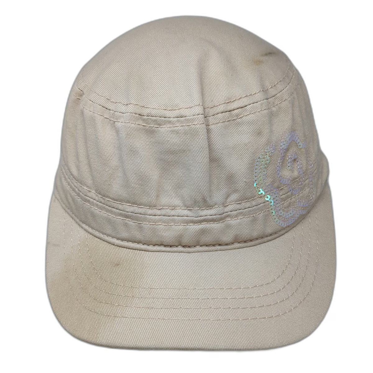 Pugs Army Cap Beige One Size Sequined Rose Graphic Polka Dot Under Brim Hat
