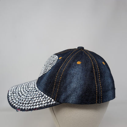 Heart Bling Rhinestone Strapback Hat Blue One Size Adjustable Distressed Denim