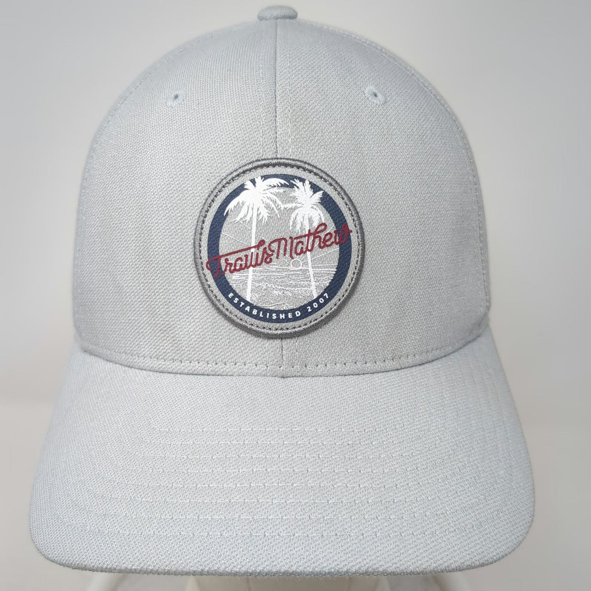 TravisMathew Baseball Cap Gray M Palm Tree Patch Flexfit Curved Brim Golf Hat