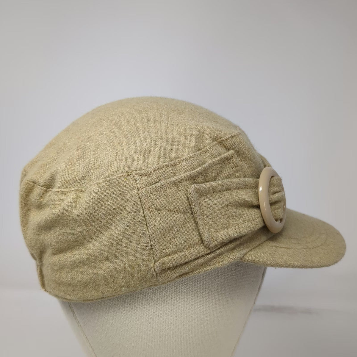 Army Cap Hat Beige One Size Buckle Ring Elastic Back Textured Fabric Plain Solid