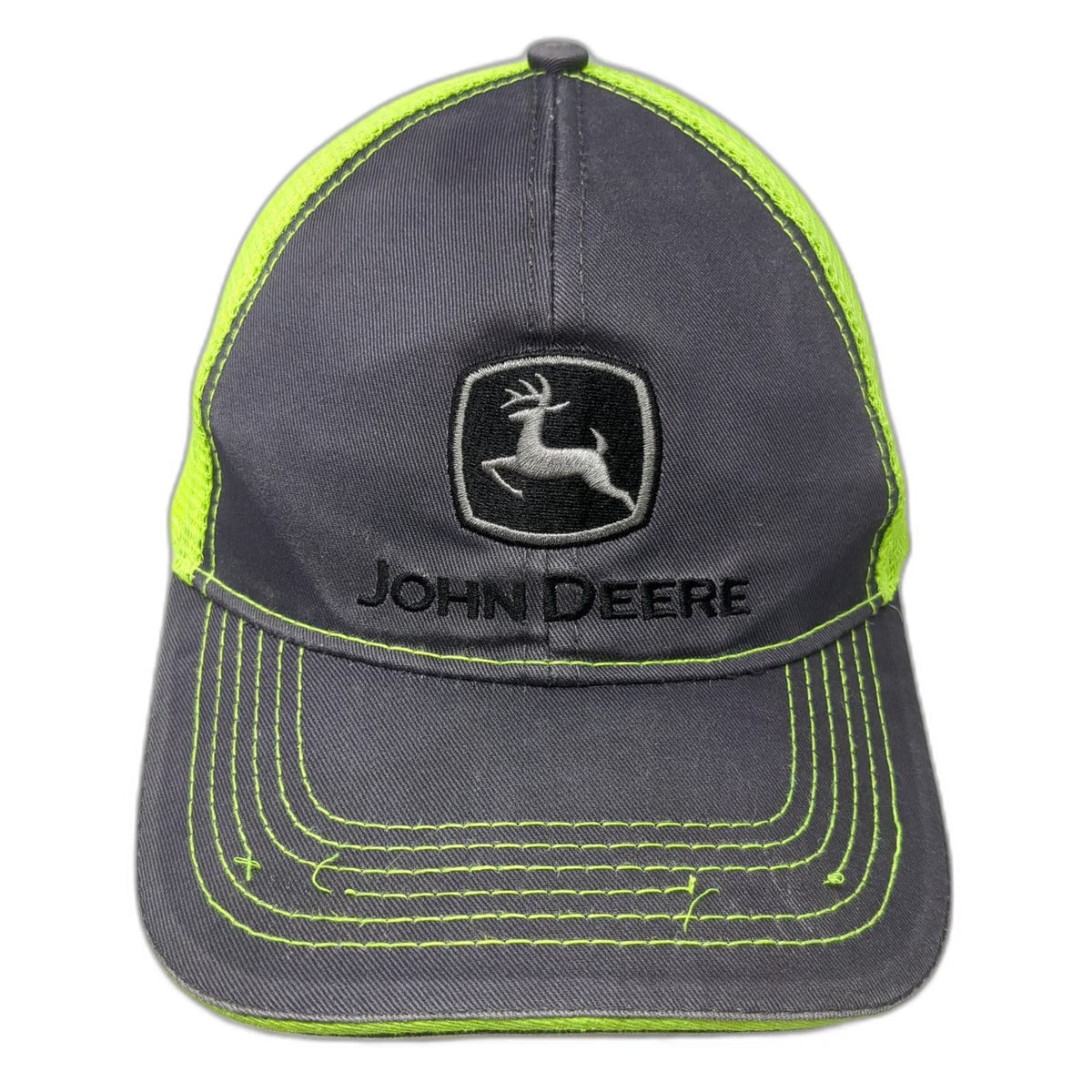 John Deere Trucker Hat Gray Green One Size Mesh Back Contrast Stitching Snapback