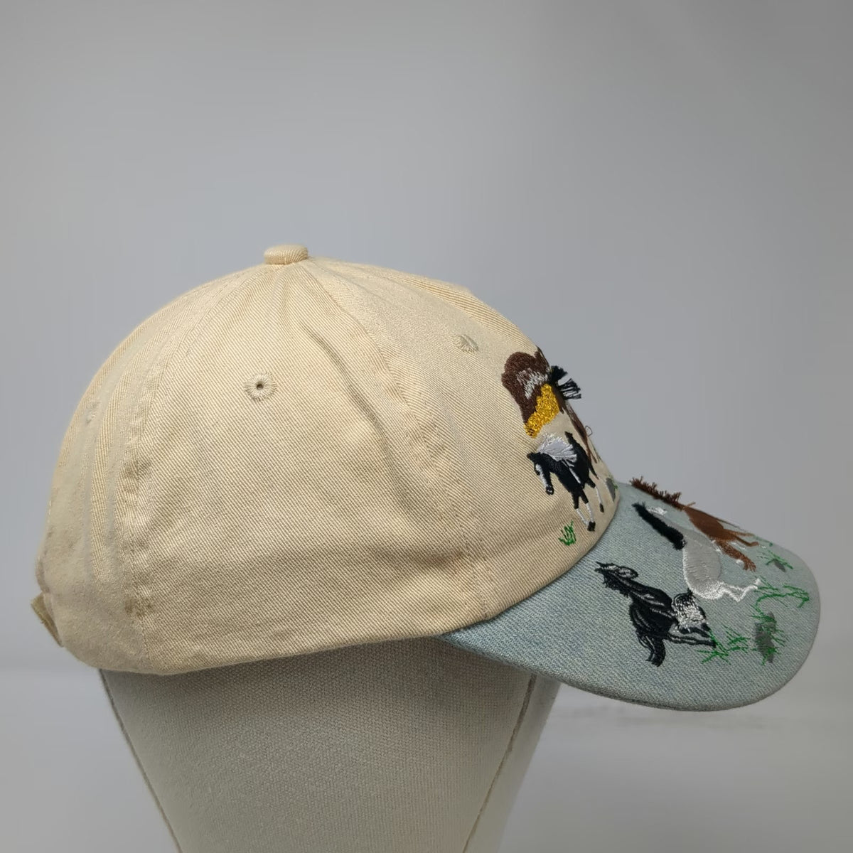 Baseball Cap Beige OS Horse Embroidery Denim Brim Strapback Hat Western Nature