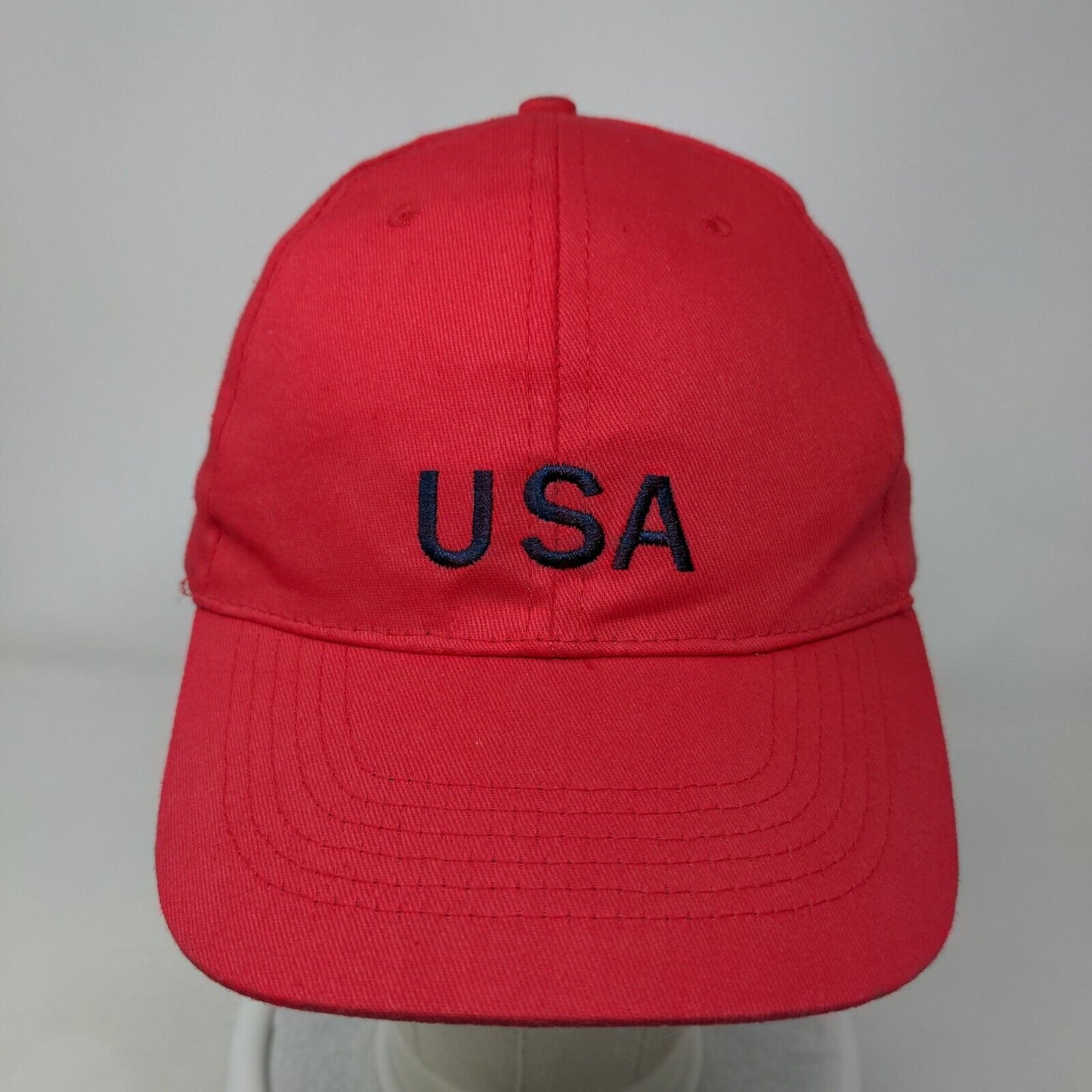 USA Strapback Hat Red OSFA Adjustable Embroidered Vented Holes 6 Panel