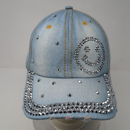Smiley Bling Rhinestone Slideback Hat Blue One Size Denim Olivia & Kate