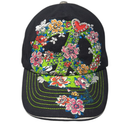 Jolly Roger 5 Panel Black Hat One Size Peace Sign Floral Embroidery Rhinestone