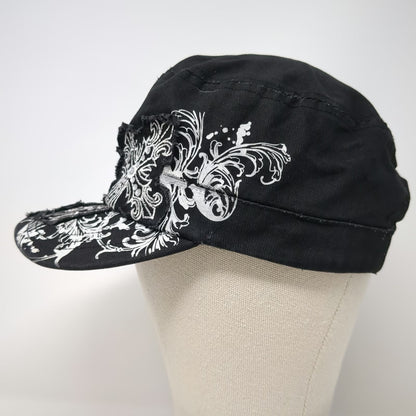 ZanCap Army Cap Black One Size Cross Rhinestone Scrollwork Frayed Studded Hat