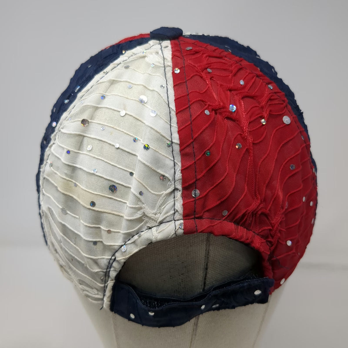 SomethingSpecial Baseball Cap Blue White Red One Size Rhinestone Ruffled Hat