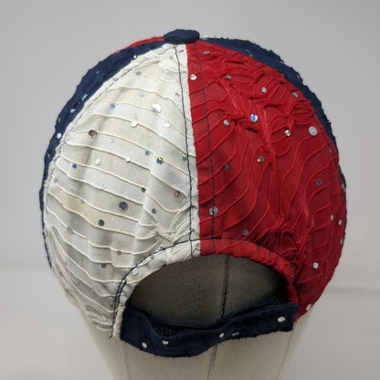 SomethingSpecial Baseball Cap Blue White Red One Size Rhinestone Ruffled Hat