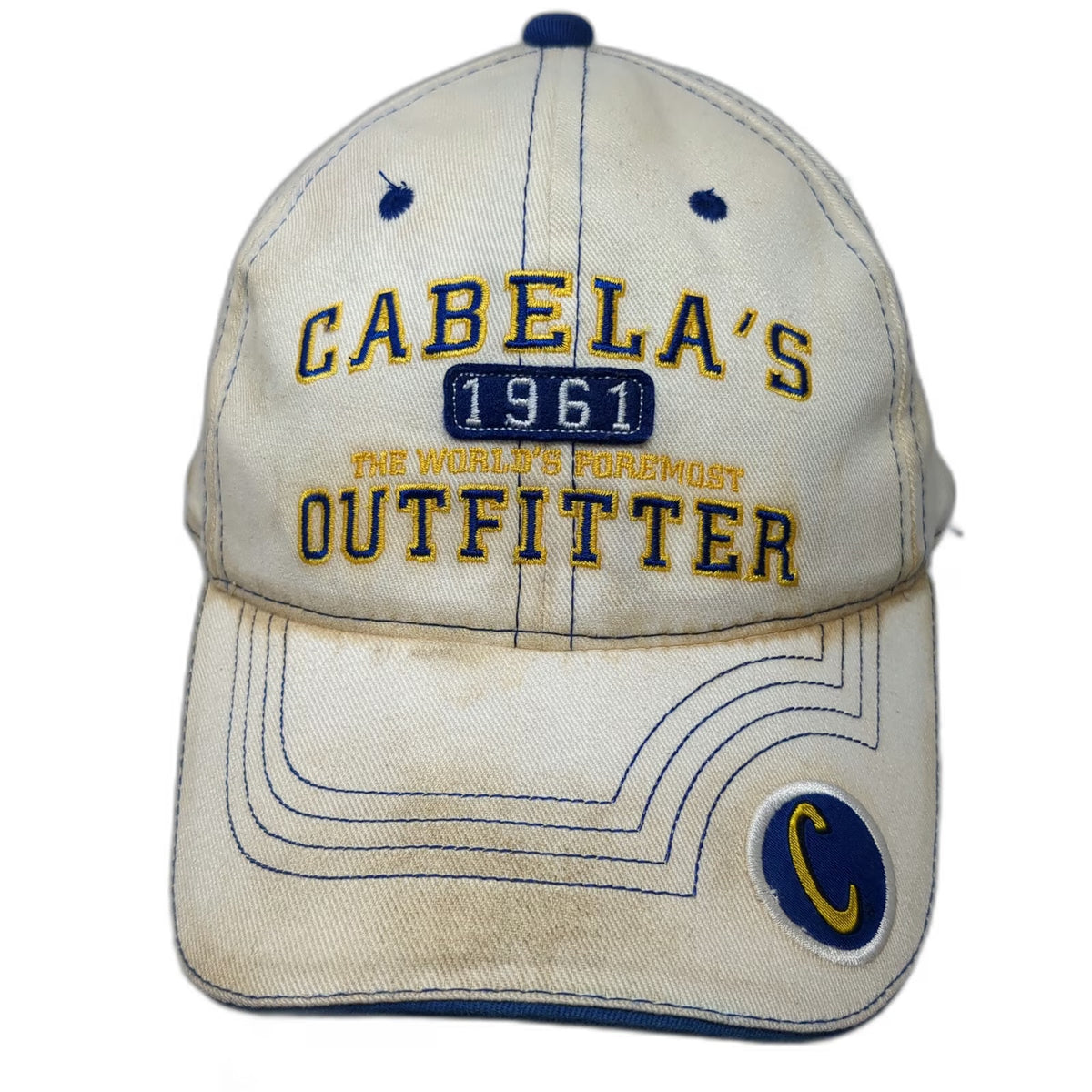 Cabela's Baseball Cap Beige One Size Outfitter 1961 Slideback Blue Yellow Hat