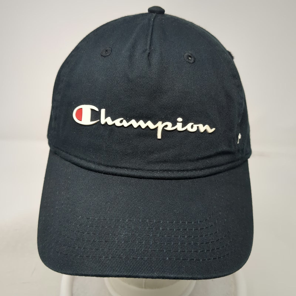 Champion 5 Panel Black Hat One Size Slideback Cotton Script Logo C Logo Adjust