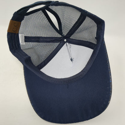 D.L. Evans Bank Ponyback Strapback Hat Blue One Size Adjustable Mesh Back C.C