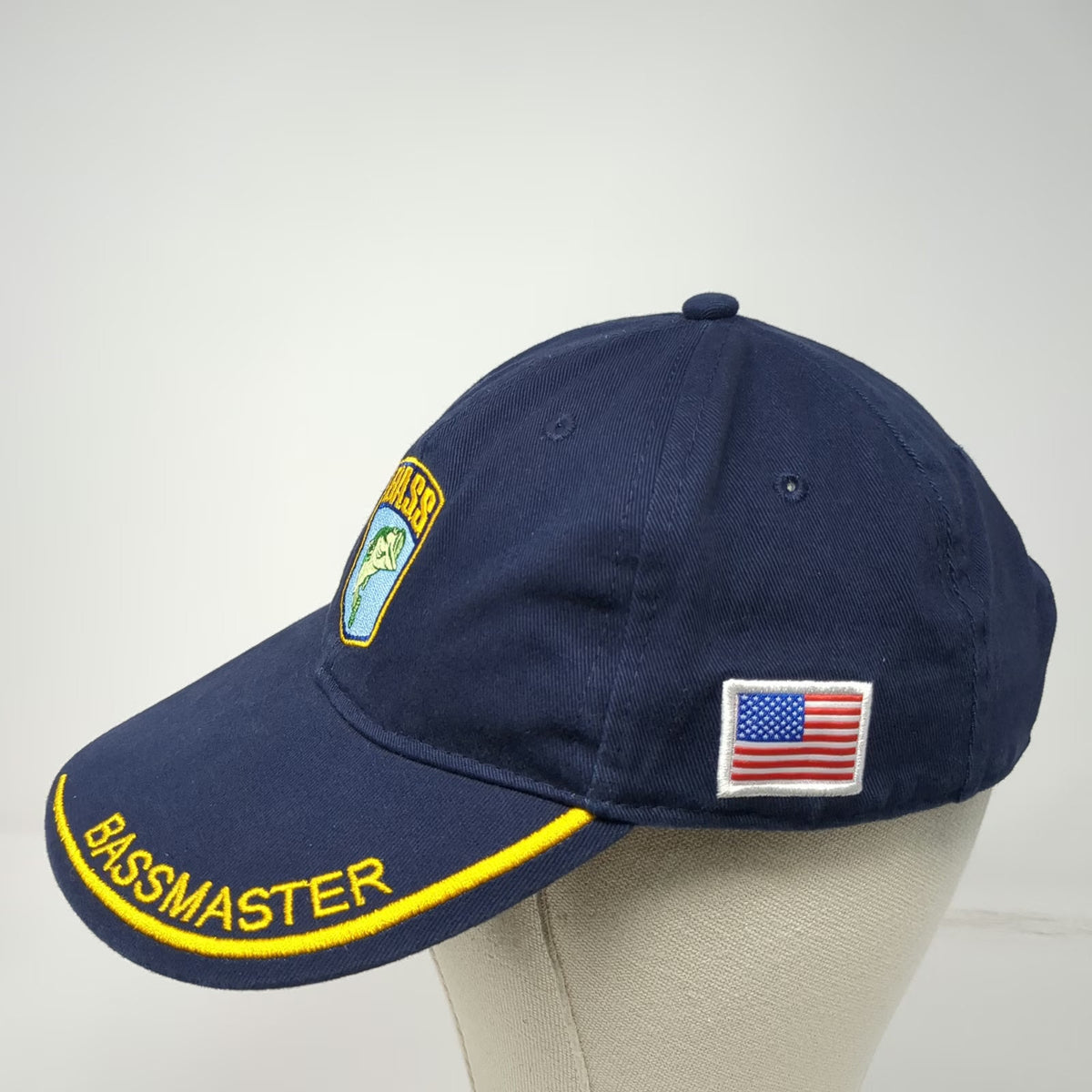 Bassmaster Baseball Cap Blue One Size Embroidered Logo American Flag Fish Hat
