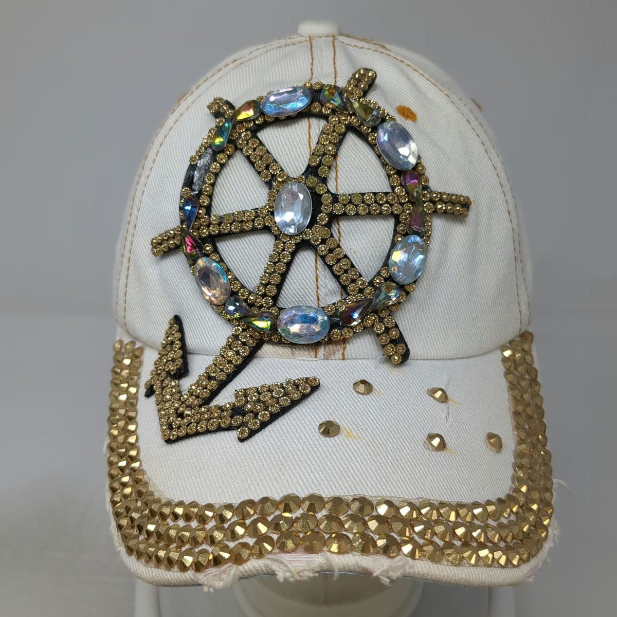 White Baseball Cap One Size Nautical Anchor Ship Wheel Studded Rhinestone Hat