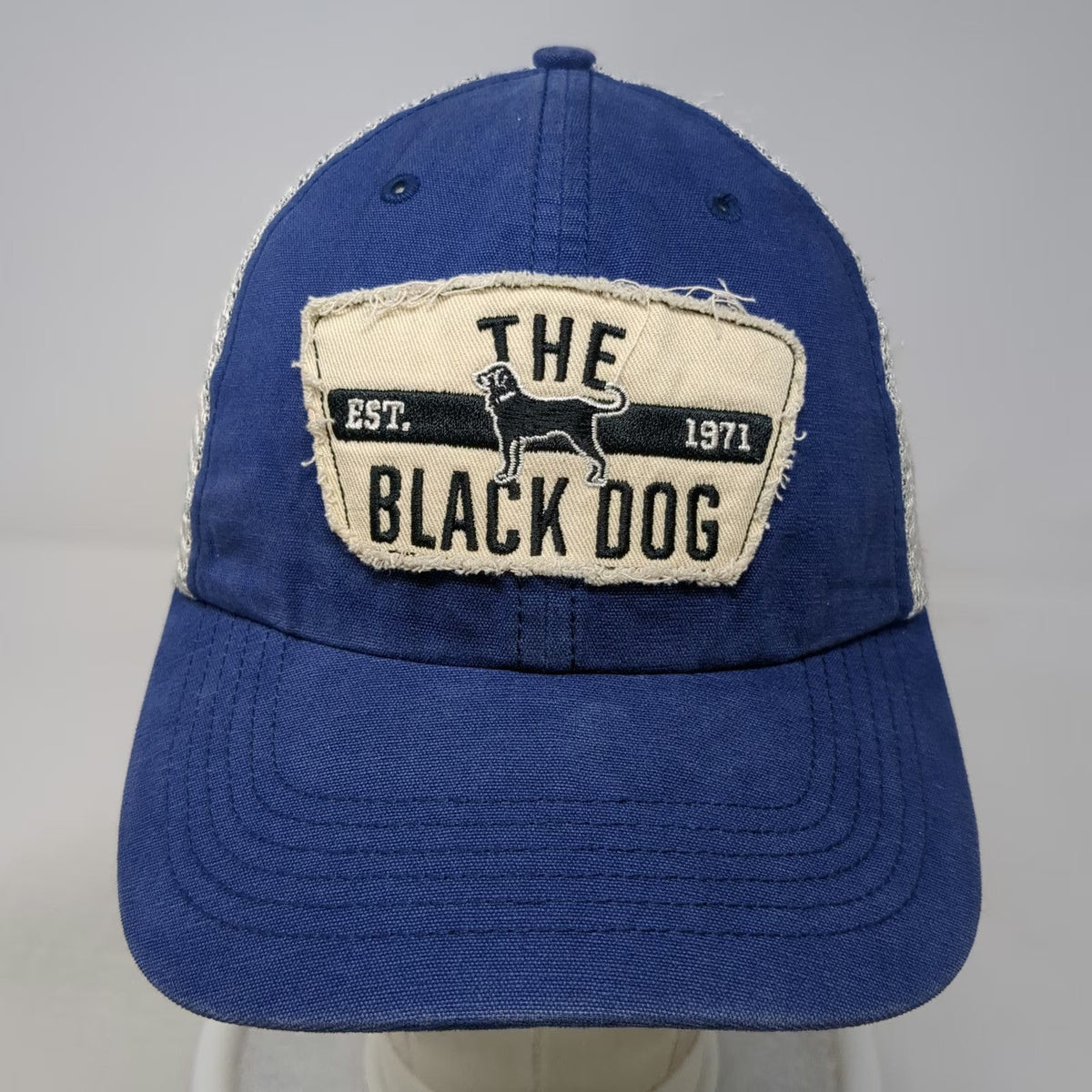 '47 Trucker Hat Blue Beige One Size Black Dog Patch Mesh Snapback 1971 Martha