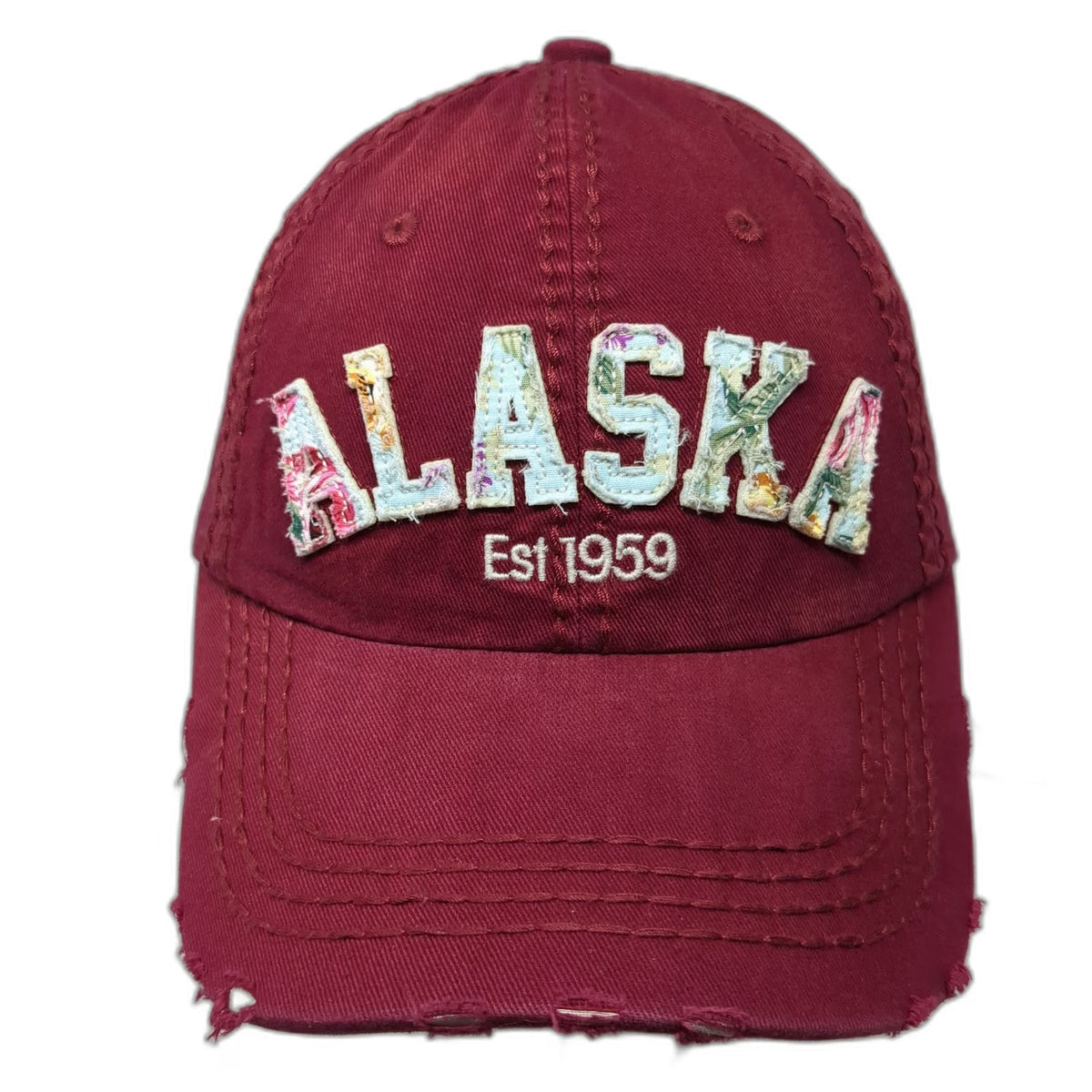 Robin Ruth Baseball Cap Red OSFM Alaska Floral Distressed Est 1959 Frayed Hat