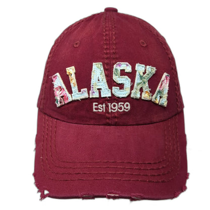Robin Ruth Baseball Cap Red OSFM Alaska Floral Distressed Est 1959 Frayed Hat