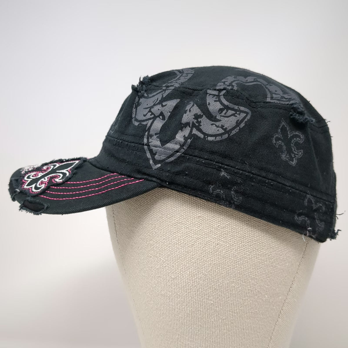 RainBow Army Cap Black OSFM Fleur De Lis Rhinestone Distressed Pink Stitch Hat
