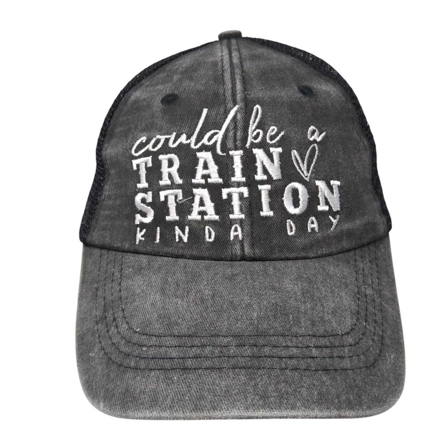 Could Be A Train Station Kinda Day Ponytail Strapback Hat Gray OS Mesh Back