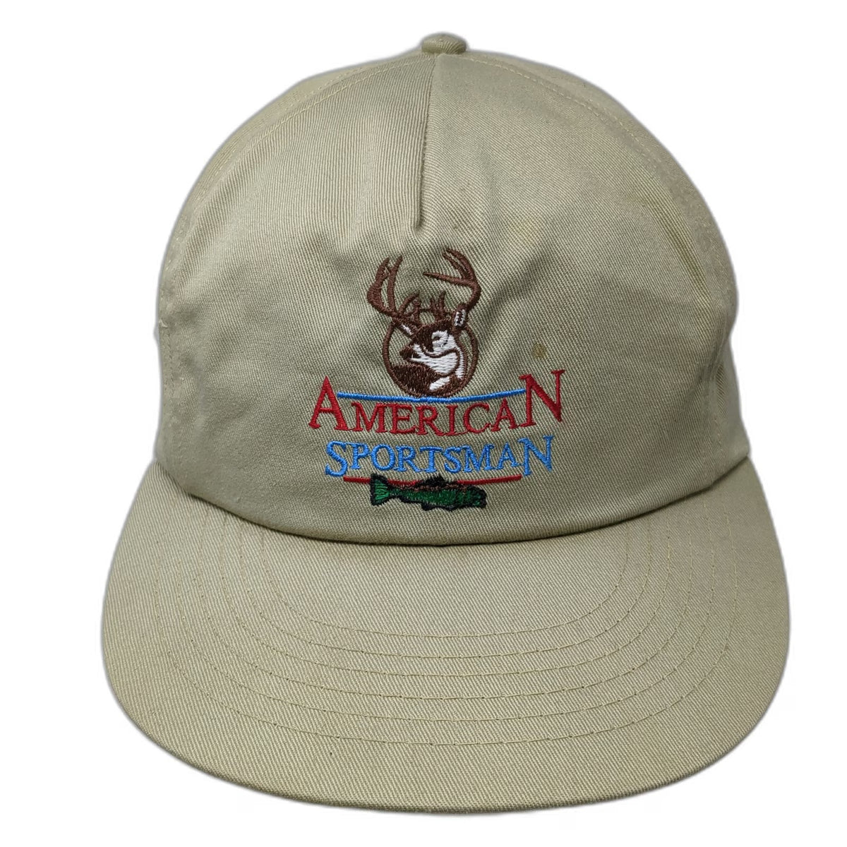 American Sportsman 5 Panel Hat Beige Snapback Buck Bass Made in USA Vintage
